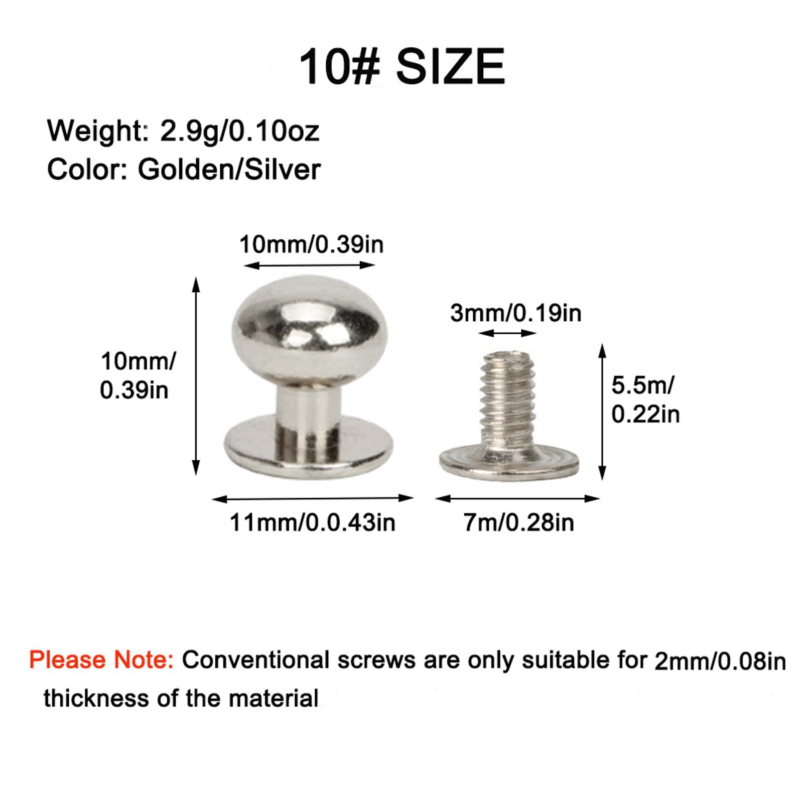 10 pezzi borchie dorate solide a testa tonda con viti in lega di zinco, kit di rivetti fai da te accessori in pelle per cintura, cinghia, borsa (6 mm)