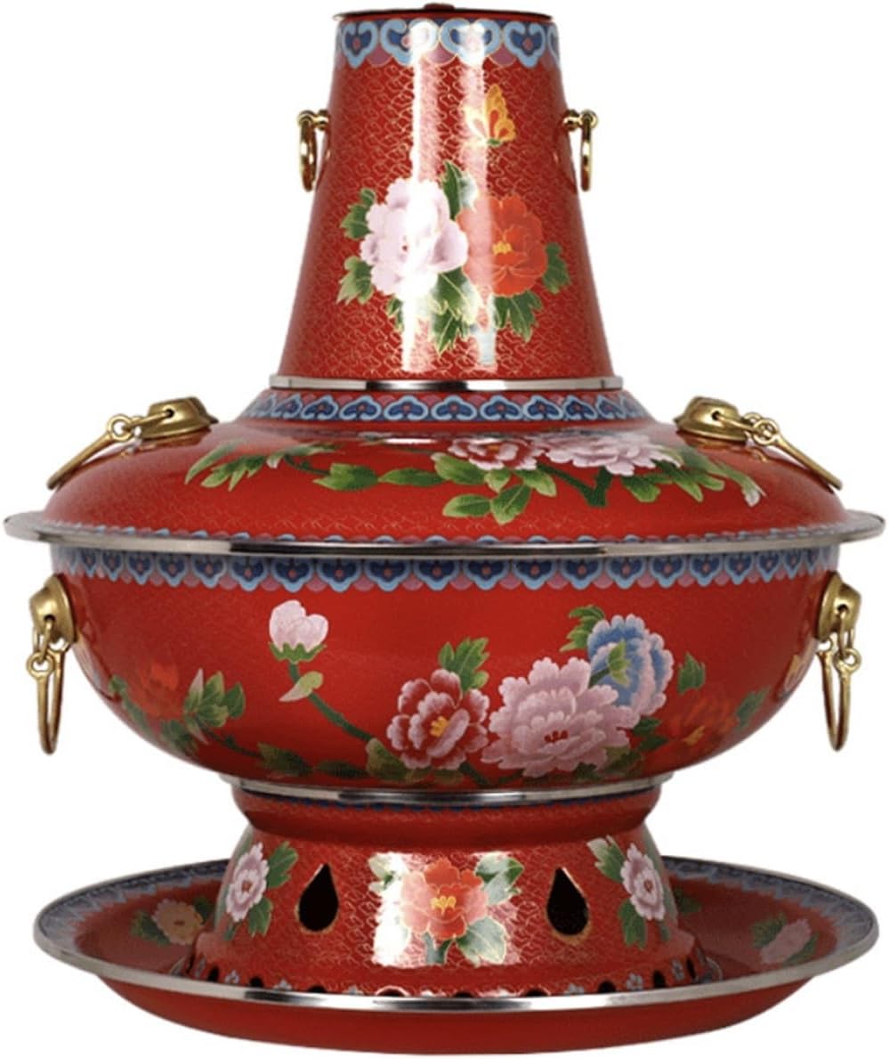 Hot Pot Hot Pot Pure Copper Old-Fashioned Pure Copper Thickened Copper Pot Household Commercial Charcoal Mandarin Duck Old Beijing Pot Copper Pot(Yellow,Two Flavor_32CM)