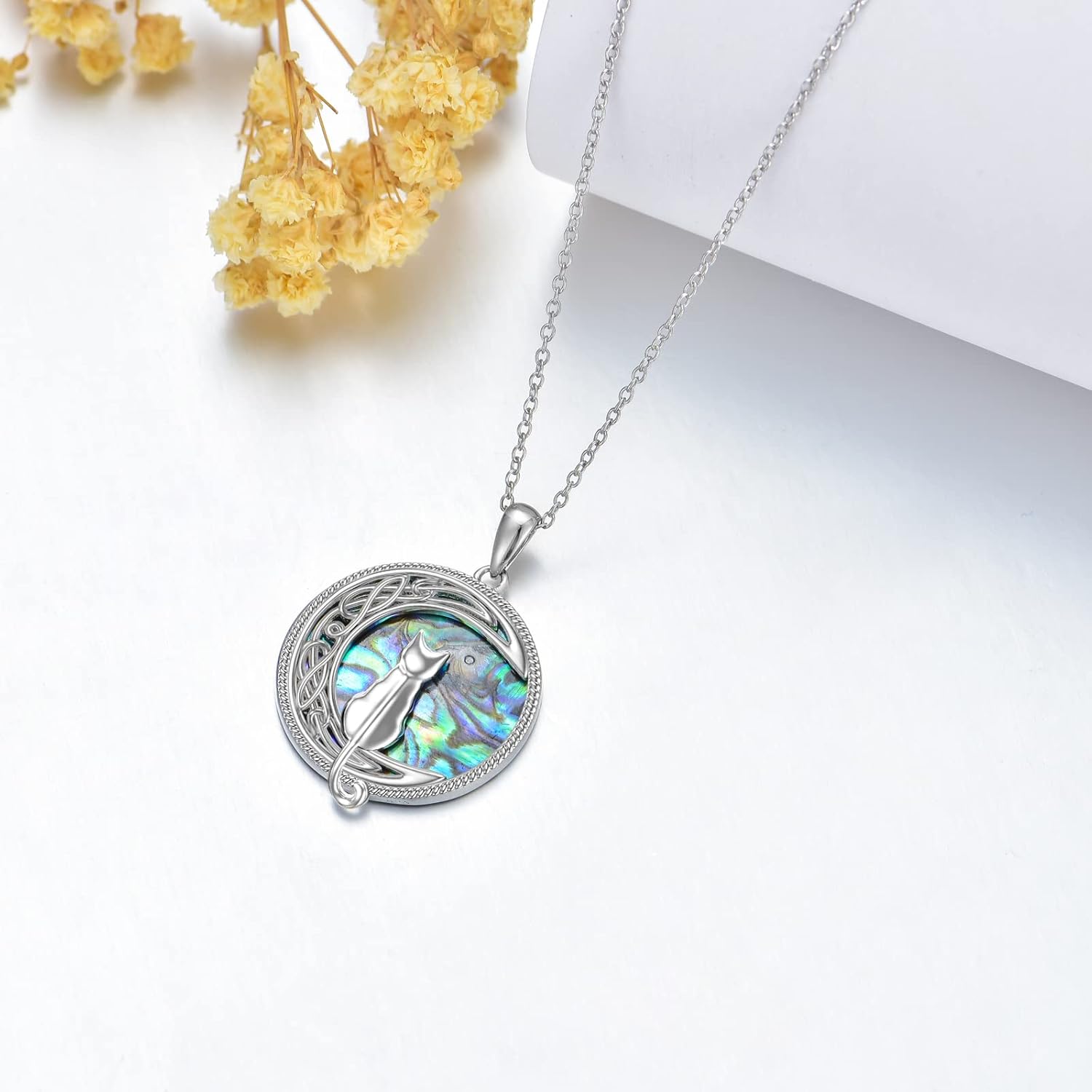 TOUPOP Cat Necklace Sterling Silver Abalone Shell Celtic Cat on the Moon with Abalone Shell Birthday Christmas Jewelry Gifts for Women - Image 6