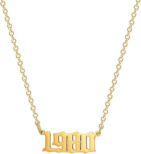 Collar de acero inoxidable chapado en oro de 18 quilates con colgante de número de año de nacimiento y aniversario para mujeres y niñas