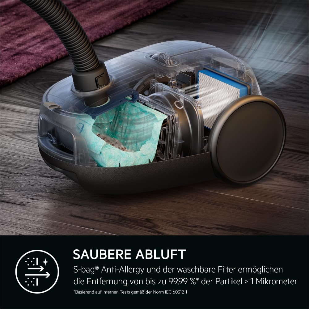 AEG AB61H6SW Staubsauger mit Beutel/hohe Saugleistung auf Allen Böden/inkl. Zusatzdüsen / 50% Recyclingkunststoff/ideal für Asthmatiker, Allergiker, Haustierbesitzer / 12 m Kabel / 850 W/weiß