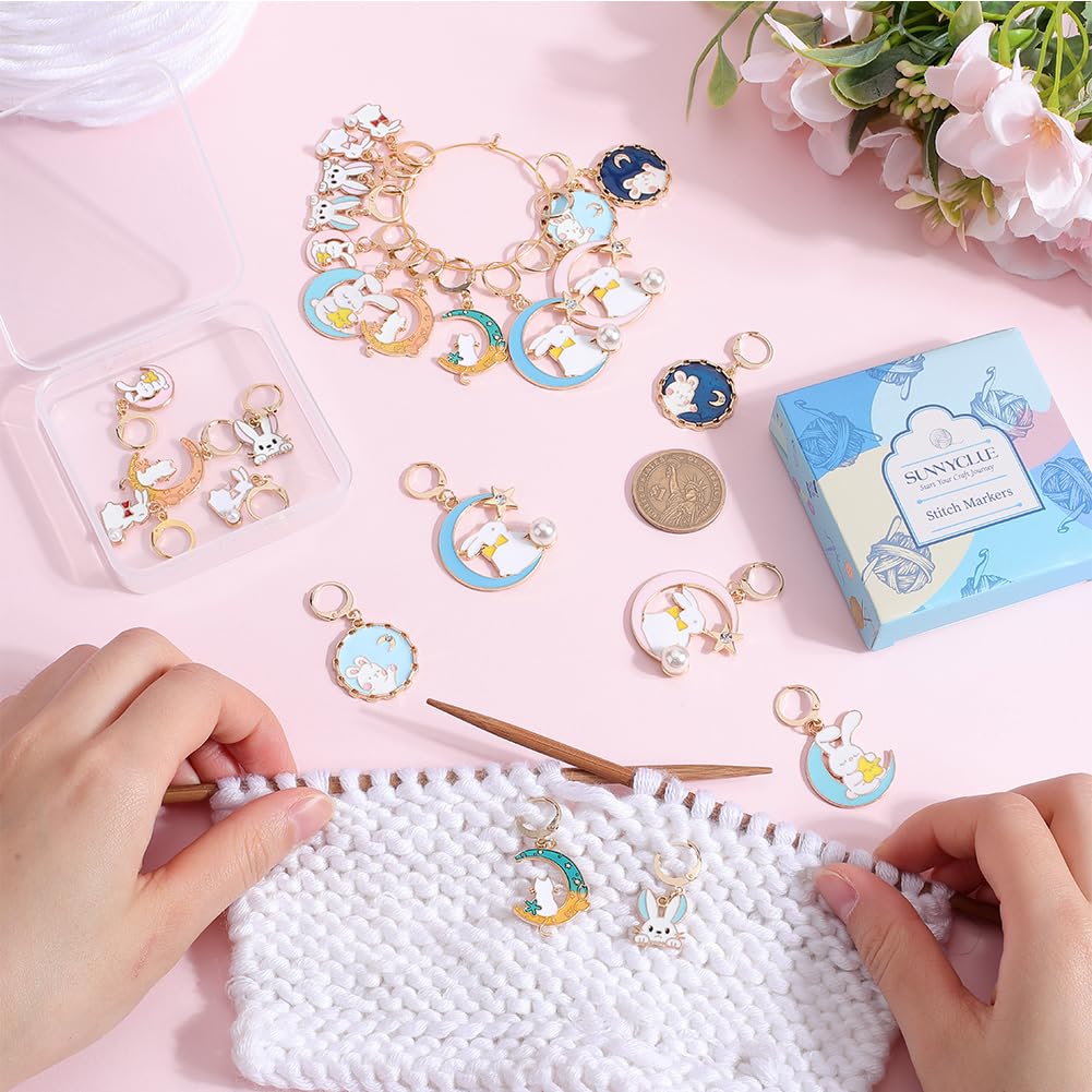 SUNNYCLUE 1 Box 24Pcs 12 Styles Rabbit Clasp Charms Animal Stitch Markers Bulk Metal Alloy Enamel Bunny Moon Star Pearl Crochet Hoop Locking Marker for Knitting Weaving Quilting jewellery DIY Crafts - Image 3