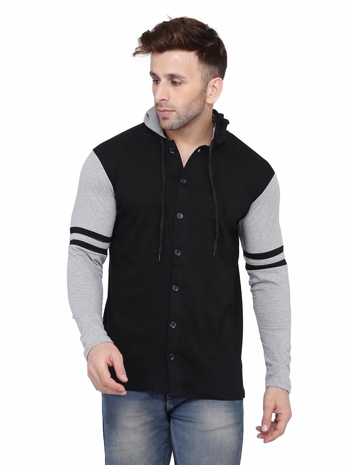 Men's Full Sleeve Hooded T-Shirt with Button Closure & Contrast Striped Sleeves | Stylish Cotton Blend Hoodie for Casual & Sportswear-image-14