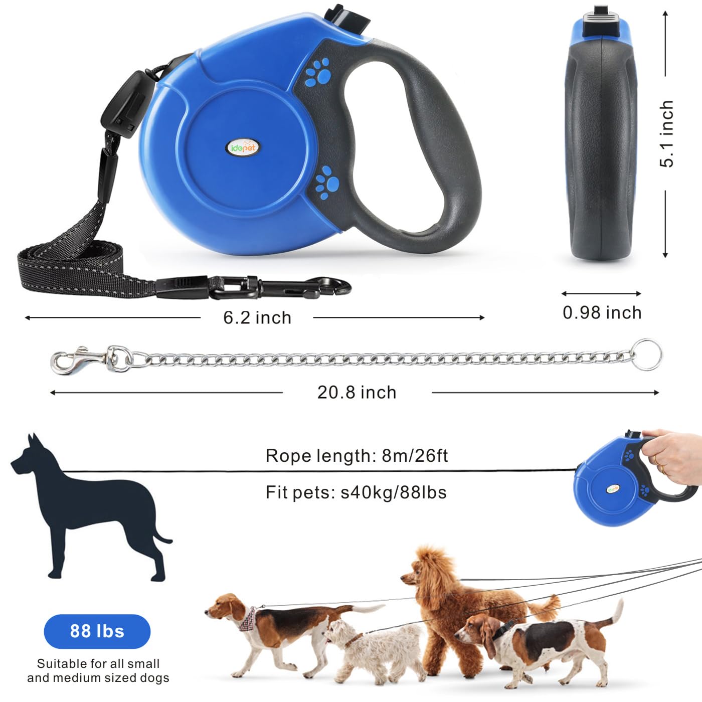 Idepet Laisse rétractable robuste pour chiens de petite et moyenne taille, conception de chaîne en acier anti-mastication, 360 degrés, sans nœuds, système de rupture et de verrouillage, laisse de 26