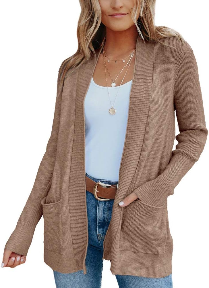 imesrun Womens Open Front Cardigans Casual Long Sleeve Classic Knit Sweater Outerwear with Pockets - Image 2