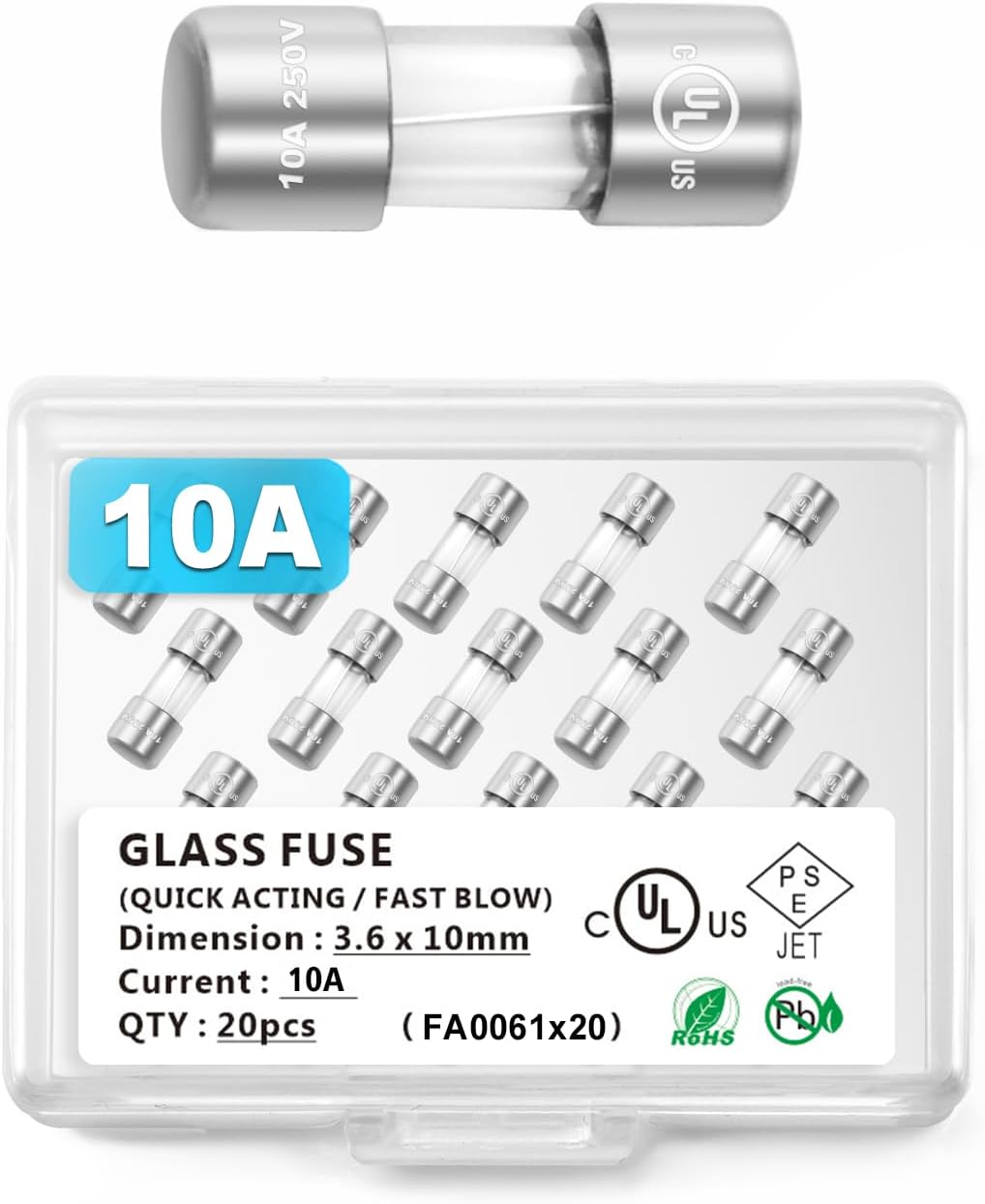 Chanzon 20Pcs UL Listed 3.6x10mm 10A 125V/250V 10 Amp F10AL AGC Glass Fuses Fast Blow Cartridge Tube Fuse 125 V / 250 V 20pieces f10al250v (0.14 x 0.39 inch)