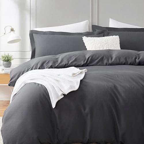 Miniatura 9 de Hearth & Harbor Juego de funda de edredón tamaño individual, color gris oscuro, juego de funda de edredón suave, juego de ropa de cama de 2 piezas