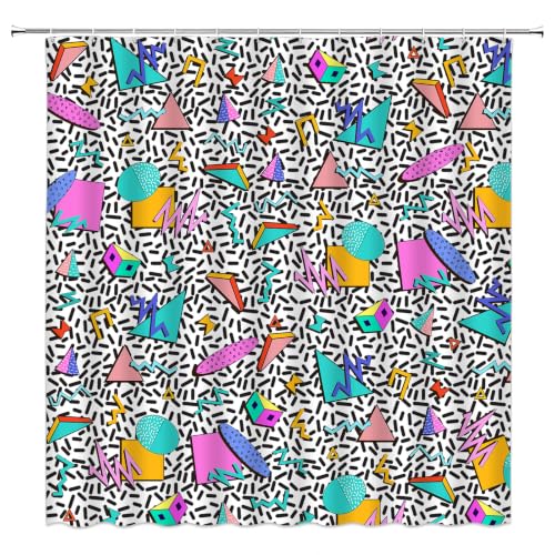 ZNLSU 80s 90s Shower Curtain Retro Memphis Geometric Abstract Mid Century Modern Pattern Colorful Fabric Bathroom Decor Curtain with Hooks