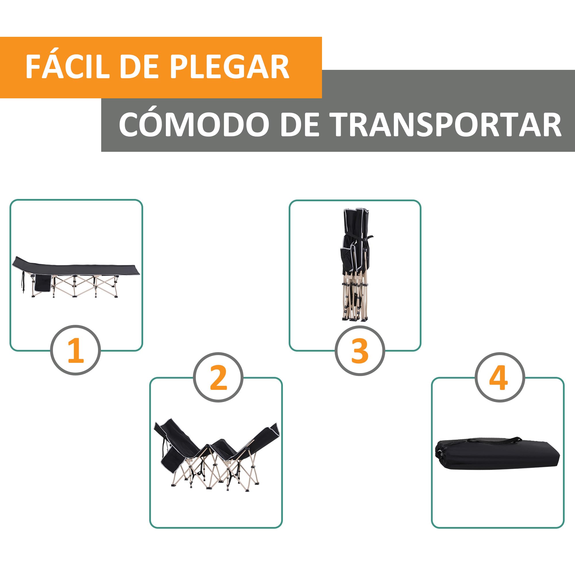 Outsunny Cama de Camping Plegable Cama de Acampada de Tela Oxford 600D con 1 Bolsillo Lateral Bolsa de Transporte y Marco de Acero Carga 150 kg para Playa Senderismo 190x68x52 cm Negro