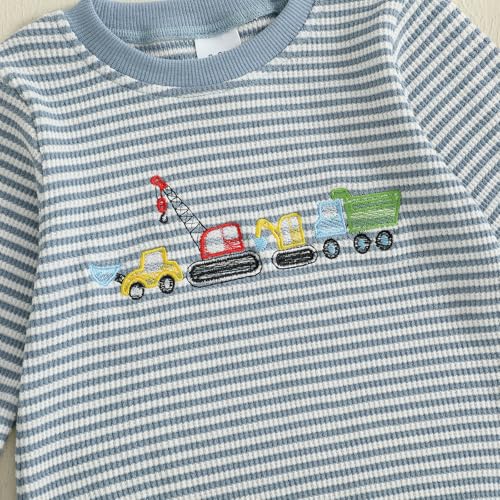 Newborn Baby Boy Fall Outfit Truck/Tool Long Sleeve Sweatshirt Bubble Romper Waffle Knit Striped Bodysuit Clothes4