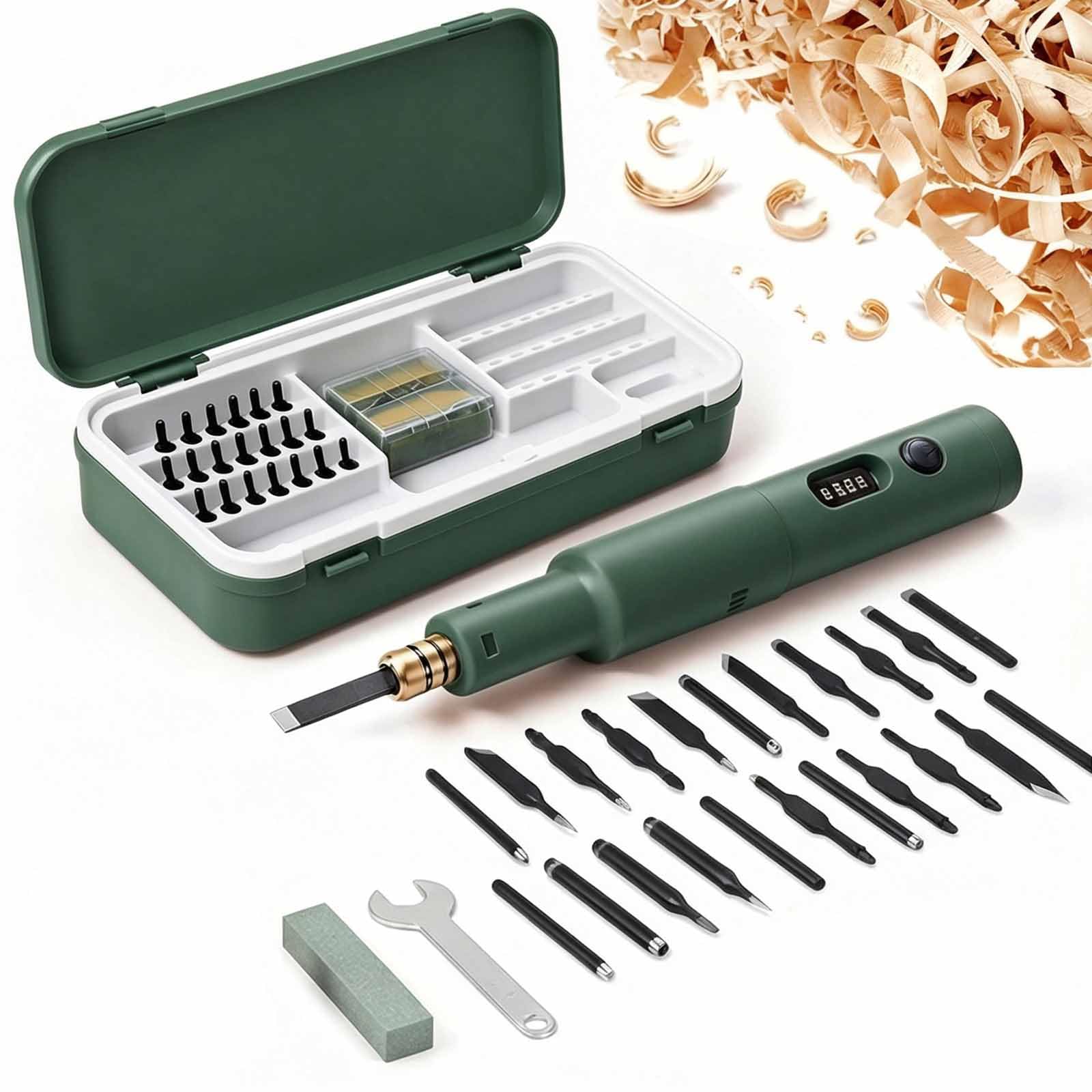 Kit Completo Per Intaglio Elettrico, Scalpello Elettrico Portatile Senza Fili, Con Custodia E 20 Lame Sostituibili, Per Incidere, Scolpire, Levigare, Forare, Lucidare E Carteggiare Legno, Green