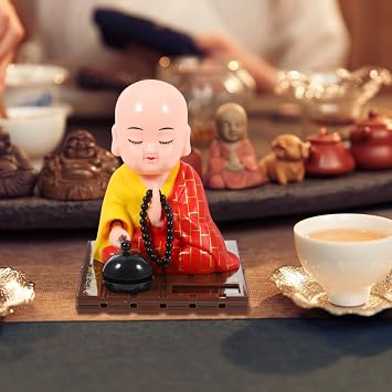 Solar Powered Shaking Head Zen Buddha Monk Figurines for Car Dashboard Desktop Decoration Light Weight Natural Smooth Lines Vivid Design for Home Office