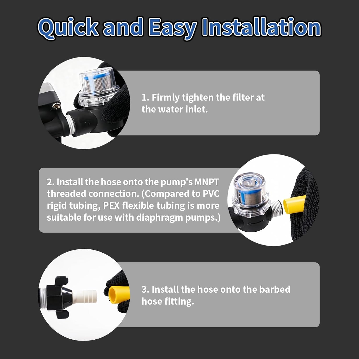 RV Water Pump with Strainer 12V 3.0 GPM 55 PSI 1/2"MNPT Connection, for Camper,RV,Shower,Sprayer | Self-Priming & Quiet Diaphragm Pump | Thermal Protection & Dry Run Safe