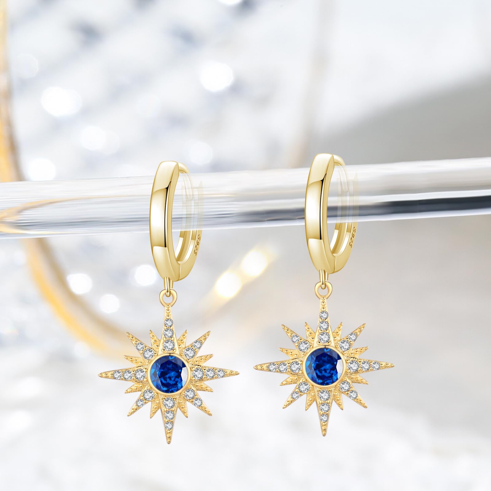 REDSUN Pendientes de estrella para mujer, plata de ley 925, pendientes de aro con circonita azul marino, piedras de nacimiento de septiembre, joyas para hija, mujer, novia