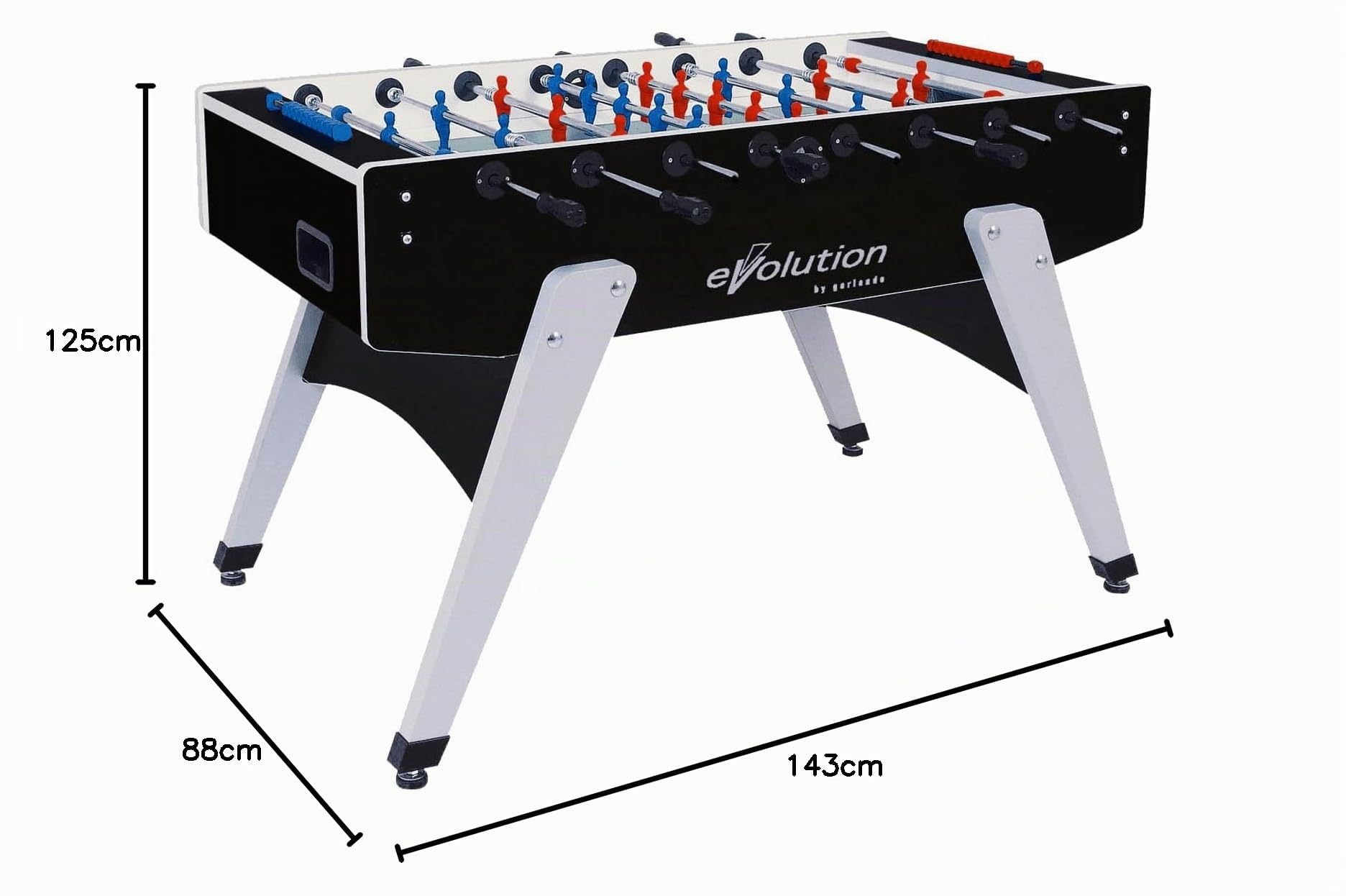 Garlando Calciobalilla G-2000 Evolution con aste uscenti, l'eleganza in nero e argento. Ometti tradizionali rosso e blu.