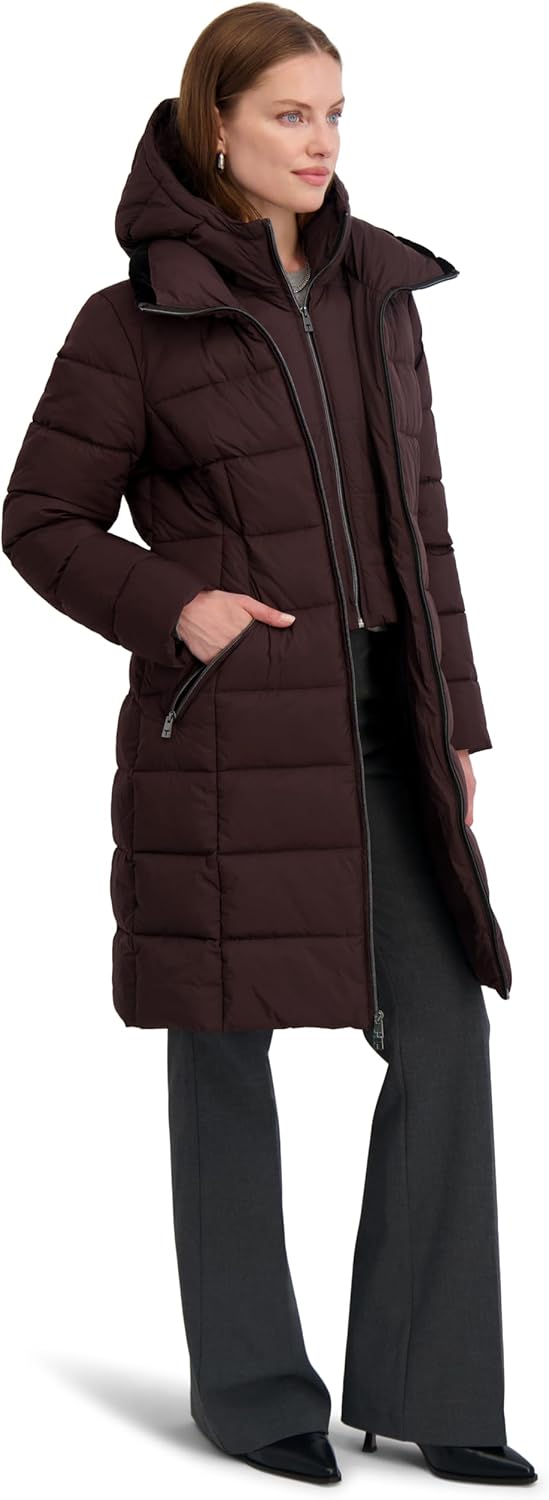 TAHARI Women's Slim Quilted Puffer Coat with Attached Hood, Velvet Bib Insert & Zipper Closure, Merlot, Small - Image 4