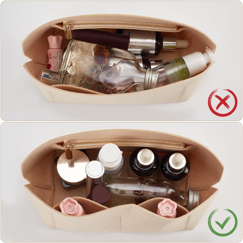 WADORN Felt Handbag Organizer Insert for LV Alma BB, Shell Shaper Tote Bags Organizer Portable Felt Liner Tidy Organizer Bag in Bag Multiple Compartments Interior Bags, 7.4x5.2x4.33 Inch(Khaki)
