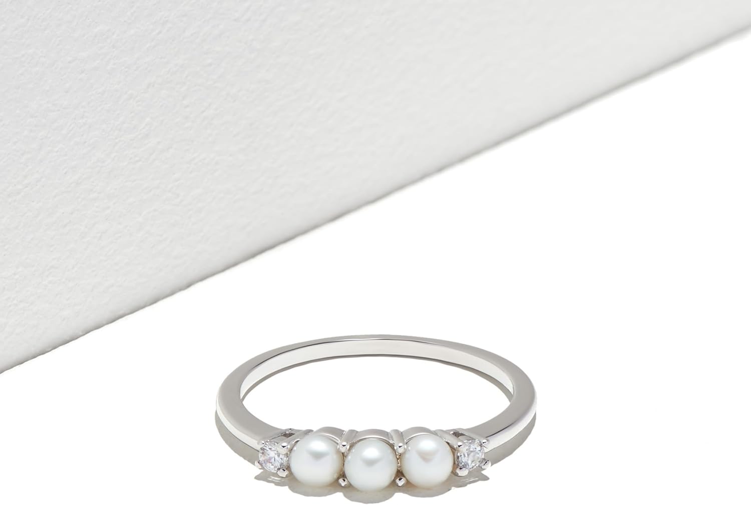MORGAN & PAIGE .925 Sterling Silver Rhodium Plated Freshwater Cultured Pearl and Cubic Zirconia Women Rings - Versatile and Elegant Classic Three-Pearl Design Sterling Silver Rings for Women