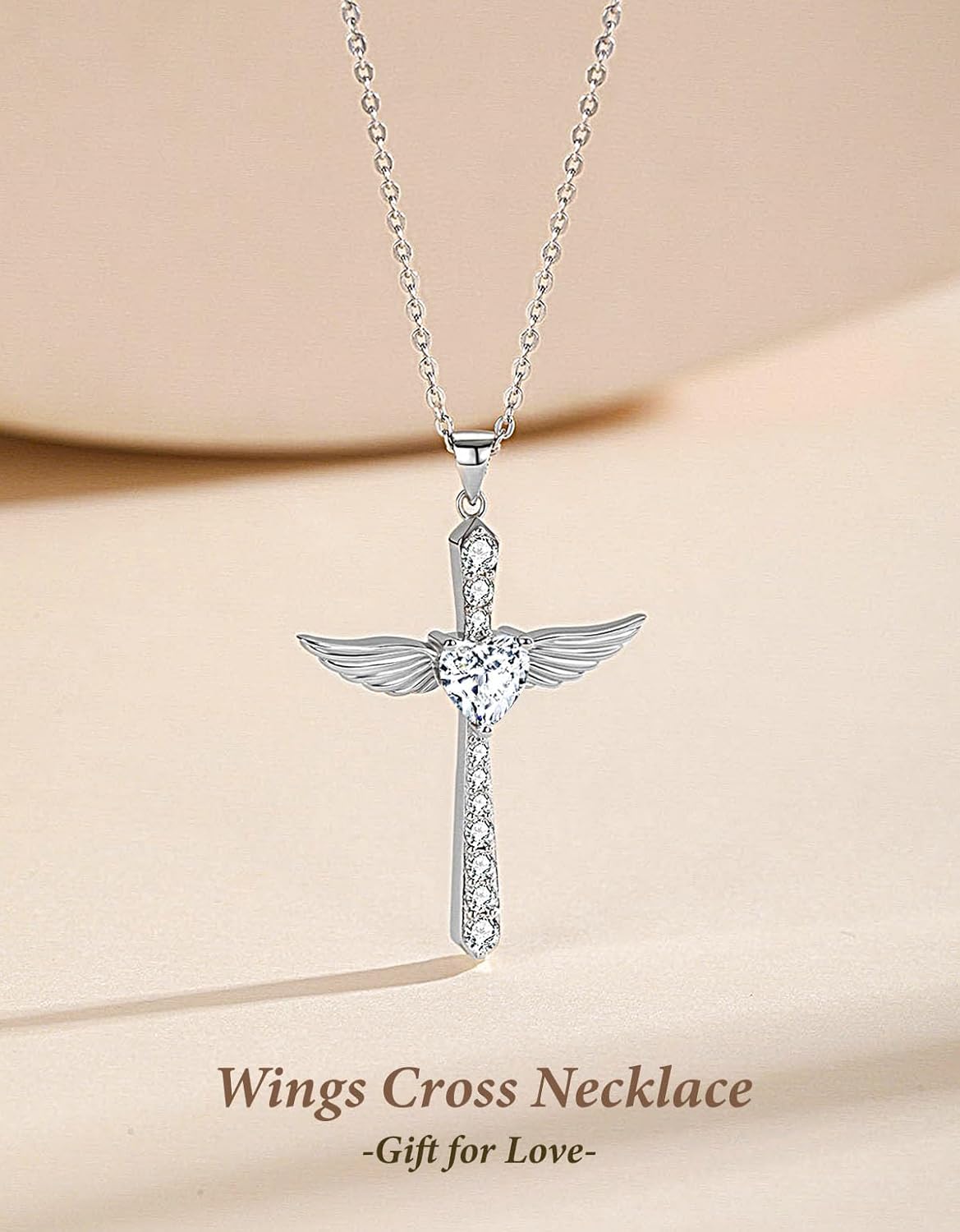 925 Sterling Silver Cross Necklace for Women, 18K Gold Plated or Silver Cross Pendant with 5A Heart Cubic Zirconia, Angel Wings Crucifix Faith Jewelry for Wife Mom - Image 5