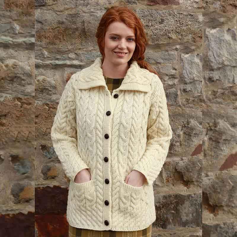 Irish Aran Knit Cardigan for Women 100% Pure New Wool Long Sweater Made in Ireland2