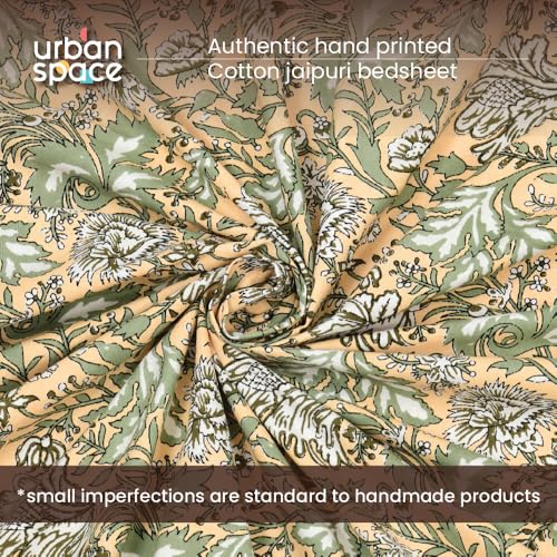 Image of Urban Space 100% Cotton Jaipuri Handblock Printed King Size Bedsheet with 2 Pillow Covers, 200 TC Cotton King Bedsheet (105 x 105 Inches, Rangrez Yellow)