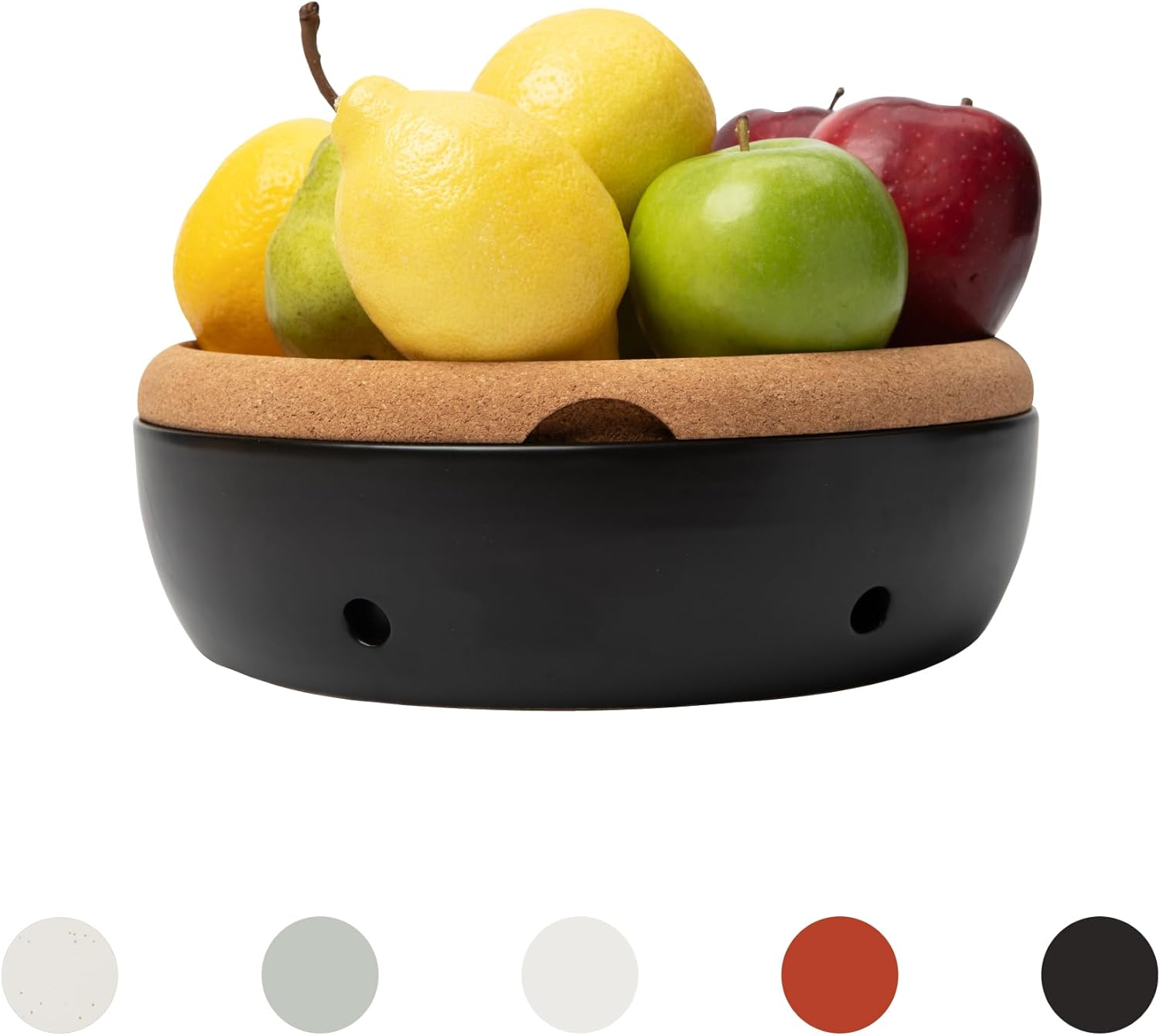 Layers Cork and Ceramic Fruit Bowl - Modern Matte Finish with Airflow Design, Dishwasher-Safe Ceramic, Cork Lid, Perfect for Fridge or Countertop Storage (Black)