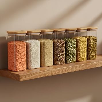 Deconox 6’lı Bambu Vakum Kapaklı Cam Baharatlık Seti, Hava Almaz Silikon Contalı Lüks Erzak Saklama Kabı, Modern Mutfak Düzenleyici Kavanoz 250ml-300ml-400ml Seçenekli (400ML-6,5CM-120CM 6 ADET)