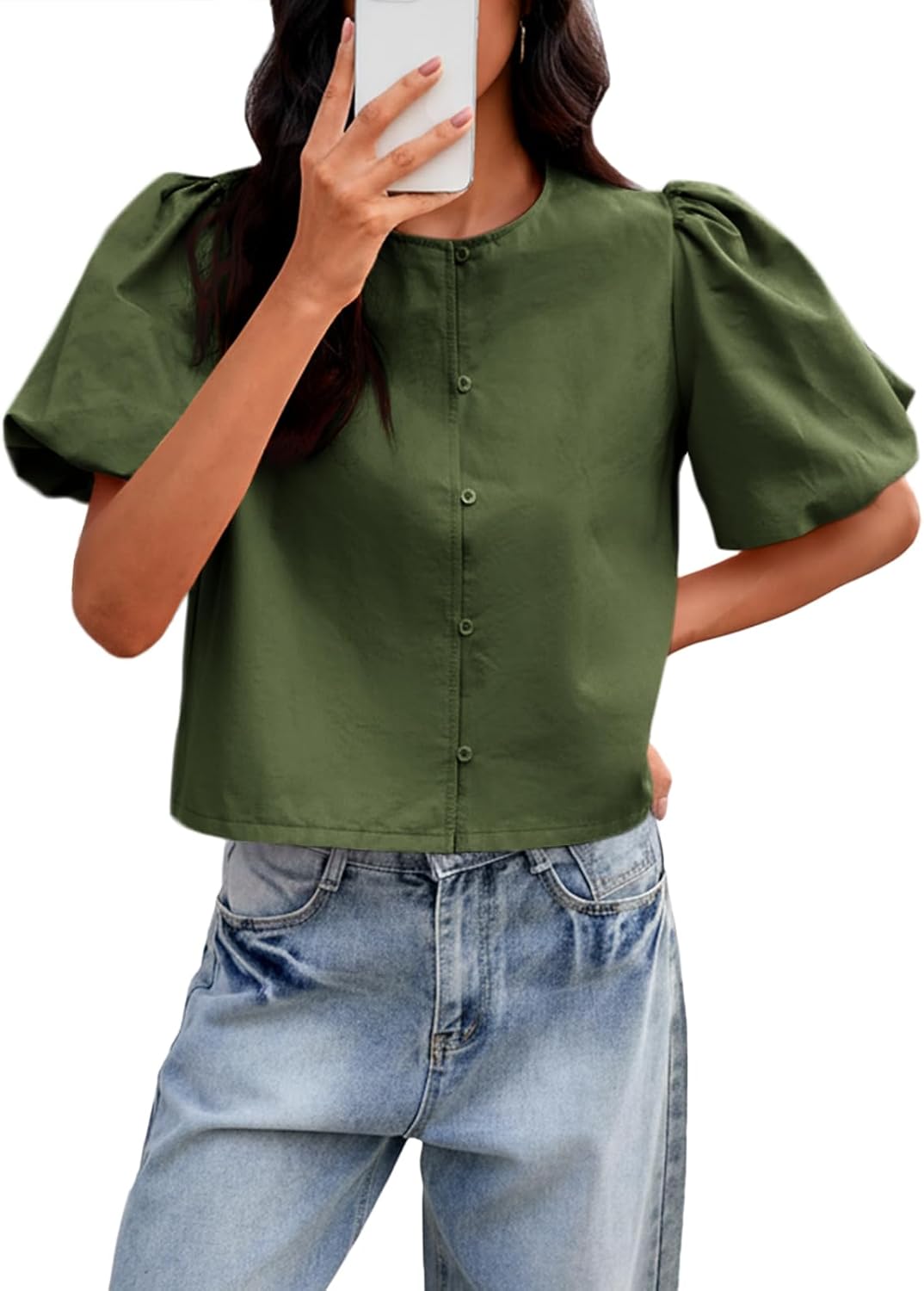 Tankaneo Womens Cropped Tops Puff Sleeve Button Down Shirts Trendy Casual Loose Fit Cute Blouse