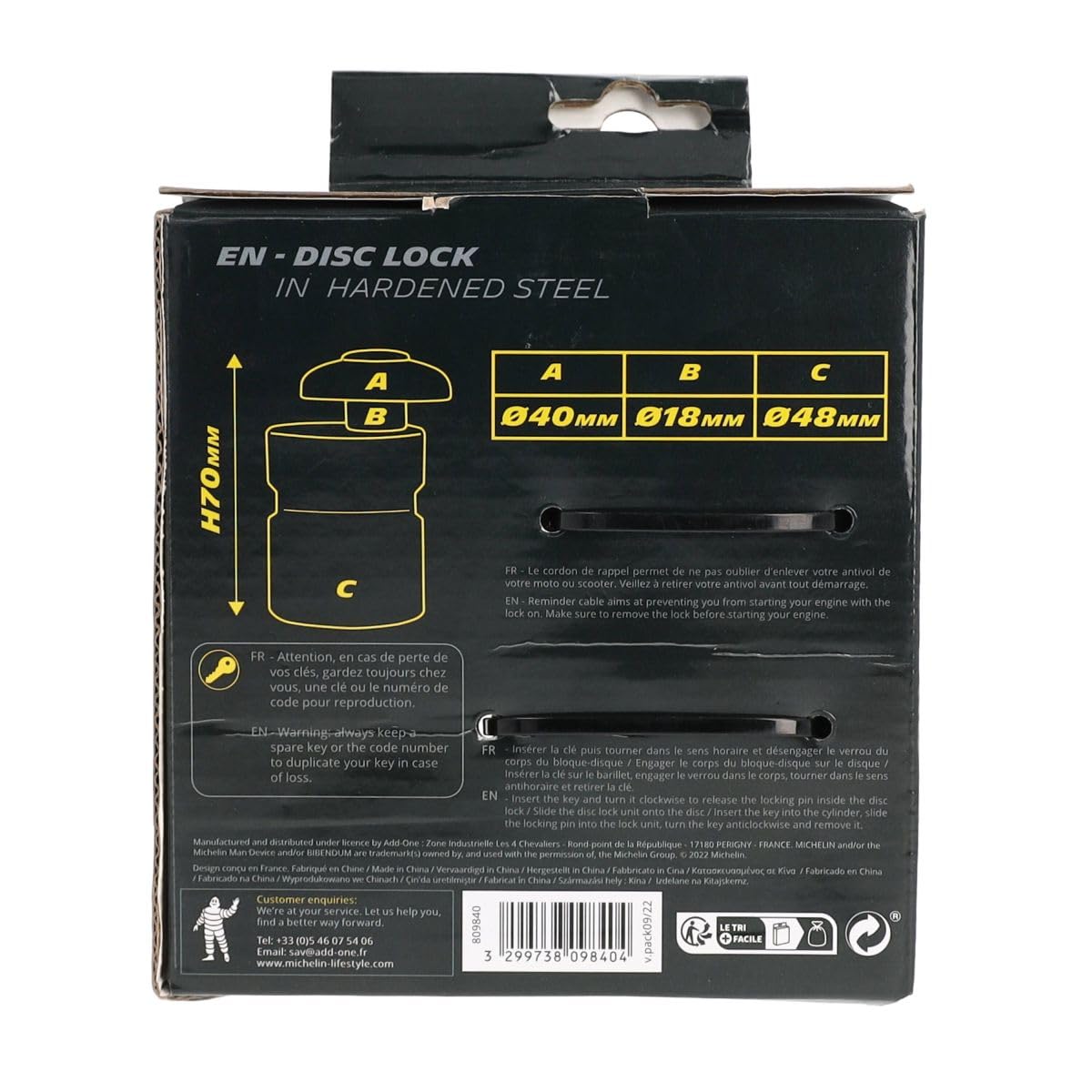 MICHELIN - Antivol Bloque Disque Universel SRA avec Cordon de Rappel - Sécurité Moto et Scooter 10/10 - Résistance Exceptionnelle - Acier Trempé - 3 Clés Réversibles - Dimensions : 70mm x ø48mm