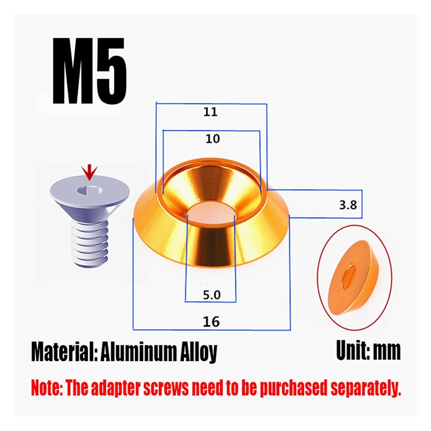 5PCS M4 M5 Aluminum Colourful Countersunk Umbrella Flat Head Screw Concave Conical Decorative Groove Washer Gasket(Royal Blue,M4)
