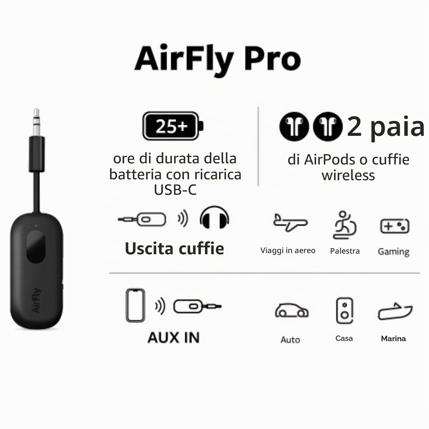 Twelve South AirFly Pro Trasmettitore/Ricevitore Bluetooth 5.0 per TV/Aereo a 2 Cuffie Wireless - Adattatore Wireless per AirPods, Aereo, Auto, Palestra, Casa, Uso con qualsiasi jack audio da 3,5 mm