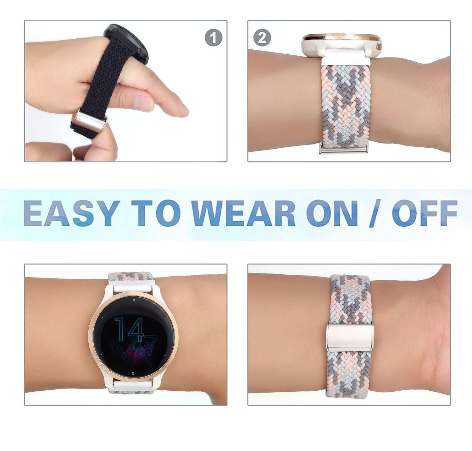 YOOSIDE Pleciony pasek do zegarka Garmin Venu 2 Plus, Venu Sq, Vivoactive 5, 20 mm, Vivomove 3, Forerunner 158, elastyczny, miękki, nylonowy, na nadgarstek, z regulowanym zapięciem, 20mm, Nylon, Bez