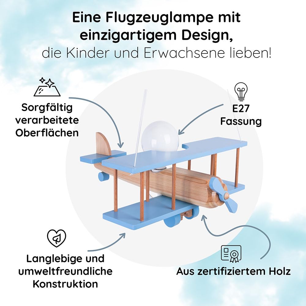 Hellux Lampada da Soffitto Cameretta in Legno | Plafoniera per Bambini | Lampada a Soffitto 75x42x45cm per Cameretta Neonato | Lampada Aereo E27 Senza Lampadina (Blu/Legno naturale)
