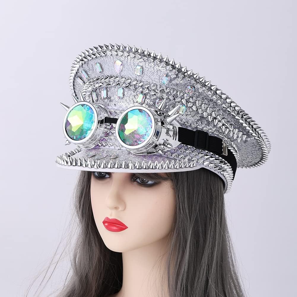 GRACEART Women's Burning Man Sequin Hat Mucis Festival Military Captain Hats Steampunk Caps with Goggles
