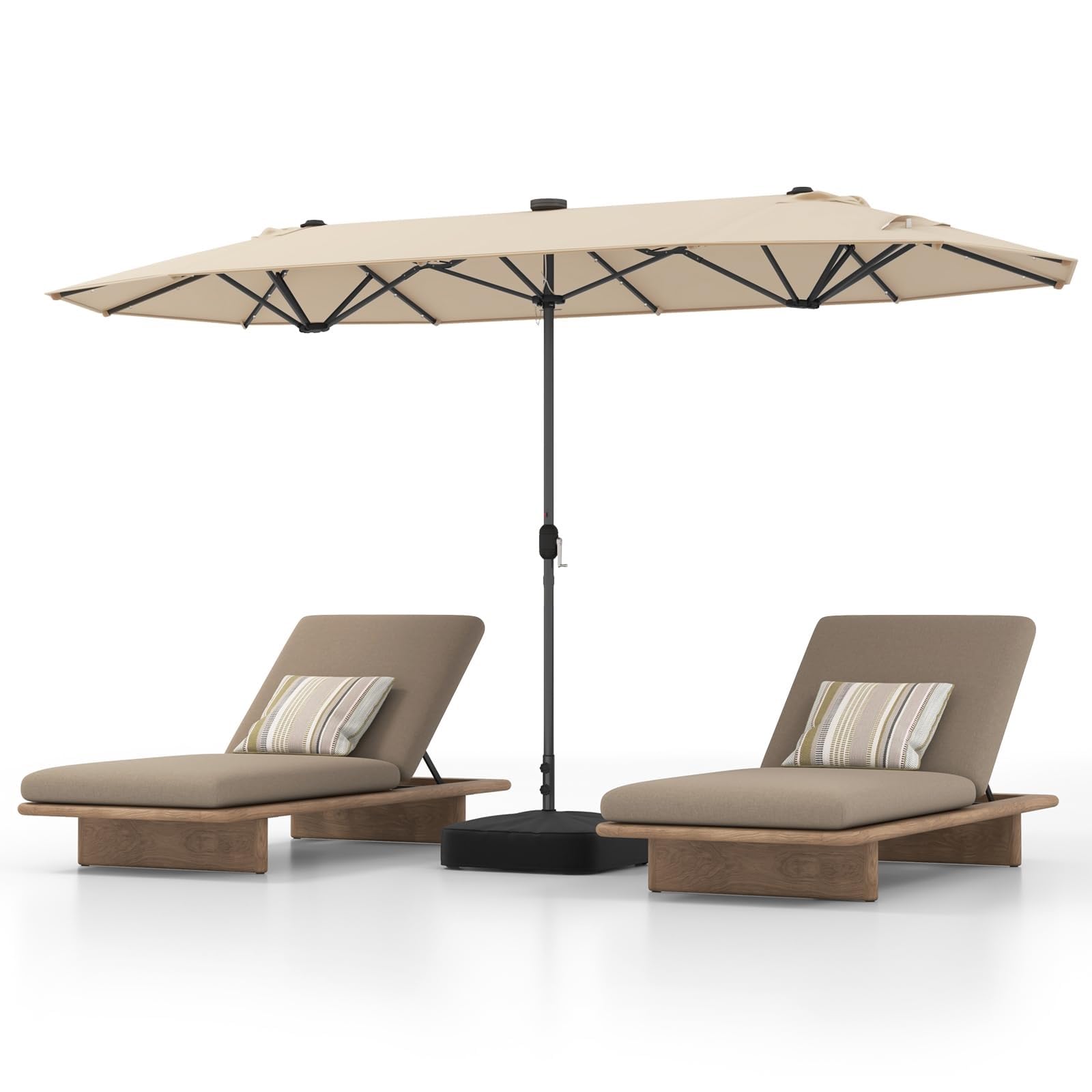 HAPPYGRILL Double-Sided Patio Umbrella with Solar Lights, 13FT Large Umbrella with Crank Handle, Umbrella Base Included, Market Twin Table Umbrella for Outdoor Backyard Garden Poolside (Grey)