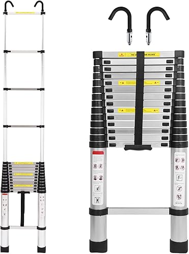 Miniatura 10 de Escalera telescópica de aluminio de 16.4 pies con ganchos desmontables, escalera plegable resistente de altura ajustable, capacidad de carga de 330