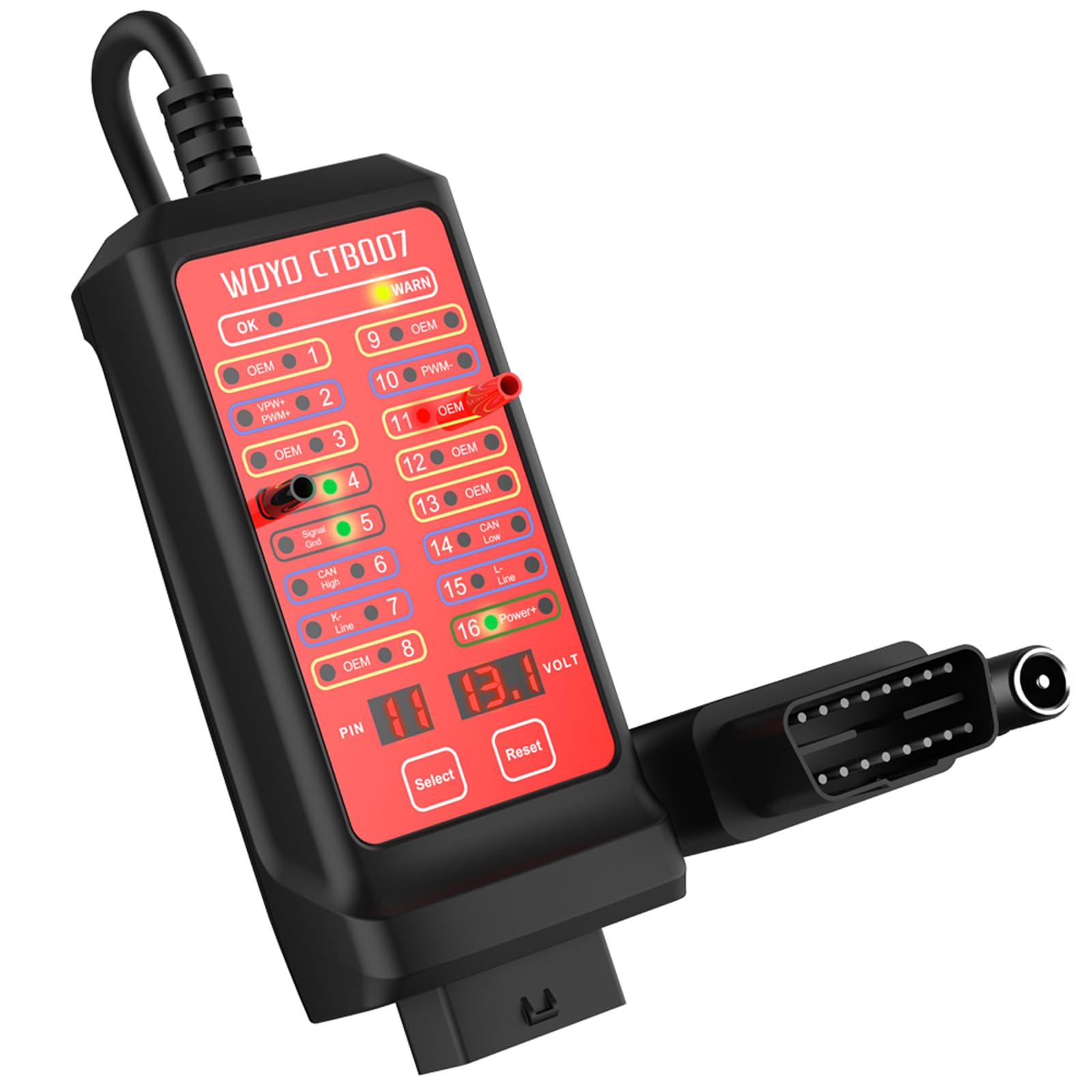 OBD2 Breakout Box, 16 poliger CAN OBDII Protokoll Detektor, Automobil Strom- und Erdungserkennung, OBD2 Scan Diagnosegerät zur Überwachung von Kommunikation/Strom/Bodenerkennungssignalen | Echtzeit-Signalmonitor, 12 V/24 V Diagnose-Breakout-Box mit 70 cm