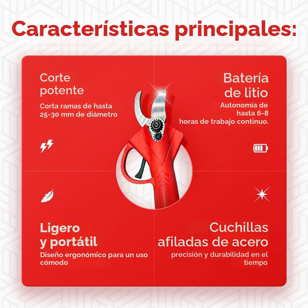 Tijeras de podar eléctricas con 2 baterías de 48 V y maletín, tijeras portátiles profesionales – Corte preciso y asistencia de batería inmediata (Rojo)