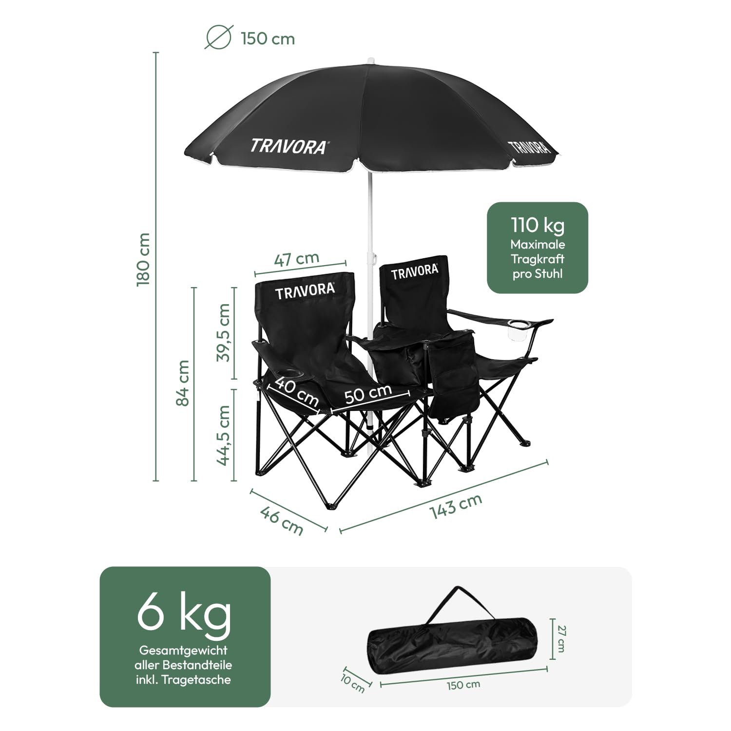 2er Partner Camping Stuhl mit Sonnenschirm und Kühlfach und Logo- Campingstuhl faltbar für Zwei Personen - Klappstuhl Camping - Campingstuhl Angelstuhl als Doppelsitzer