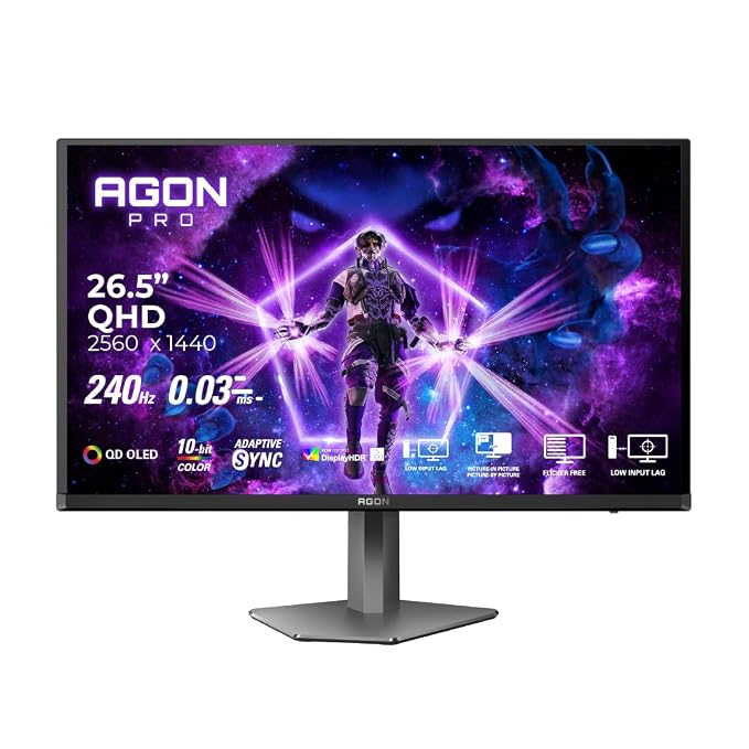 AOC AG276QZD2 27" QHD QD-OLED Gaming Monitor, 240Hz, 0.03ms GtG, HDR TrueBlack 400, USB Hub, Light FX Illumination Effects at Back Panel, Esports Design, Height Adjustable Stand, Speakers