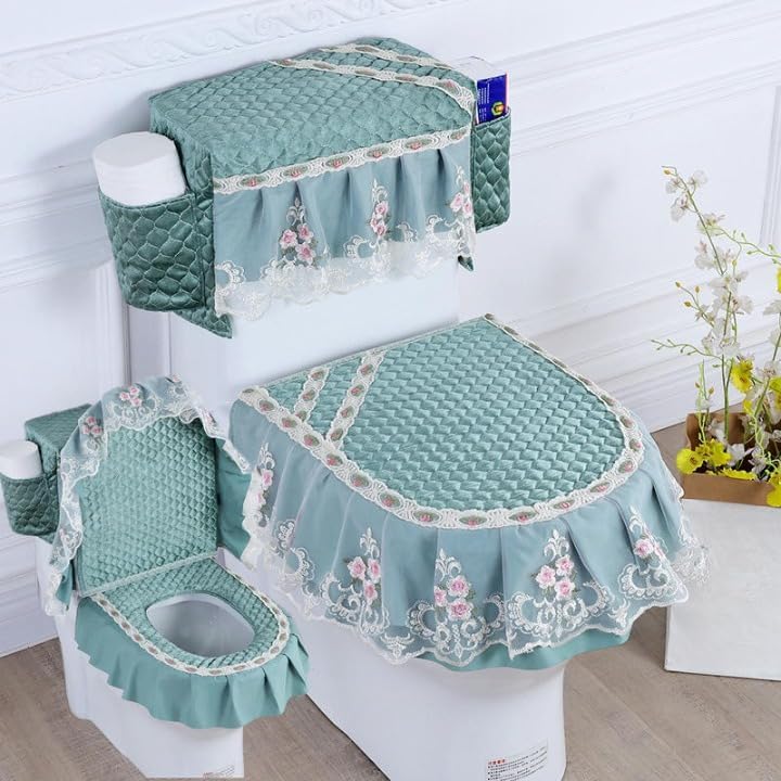 Toilet Lid Cover Set,3pcs/set Sage Green Lace Flower Velvet Toilet Lid & Tank Covers With Pocket Toilet Seat Cover Pads Bathroom Decorations(Purple)(Groen)