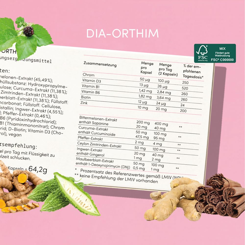 DIA-ORTHIM - 120 Kapseln - Aufrechterhaltung eines normalen Blutzuckerspiegels - Mit Bittermelone, Curcuma, Ingwer - Laborgeprüft, vegan, laktosefrei + in Deutschland produziert | Mit Bittermelone, Curcuma, Ingwer, Laborgeprüft, Vegan, Laktosefrei, In Deu