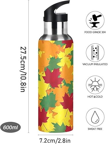 Miniatura 9 de Insulated Stainless Steel Water Bottle with Straw 20 Oz, BPA-Free Sports Water Bottle with Straw for Gym Outdoor Travel School, Autumn Maple Leaves