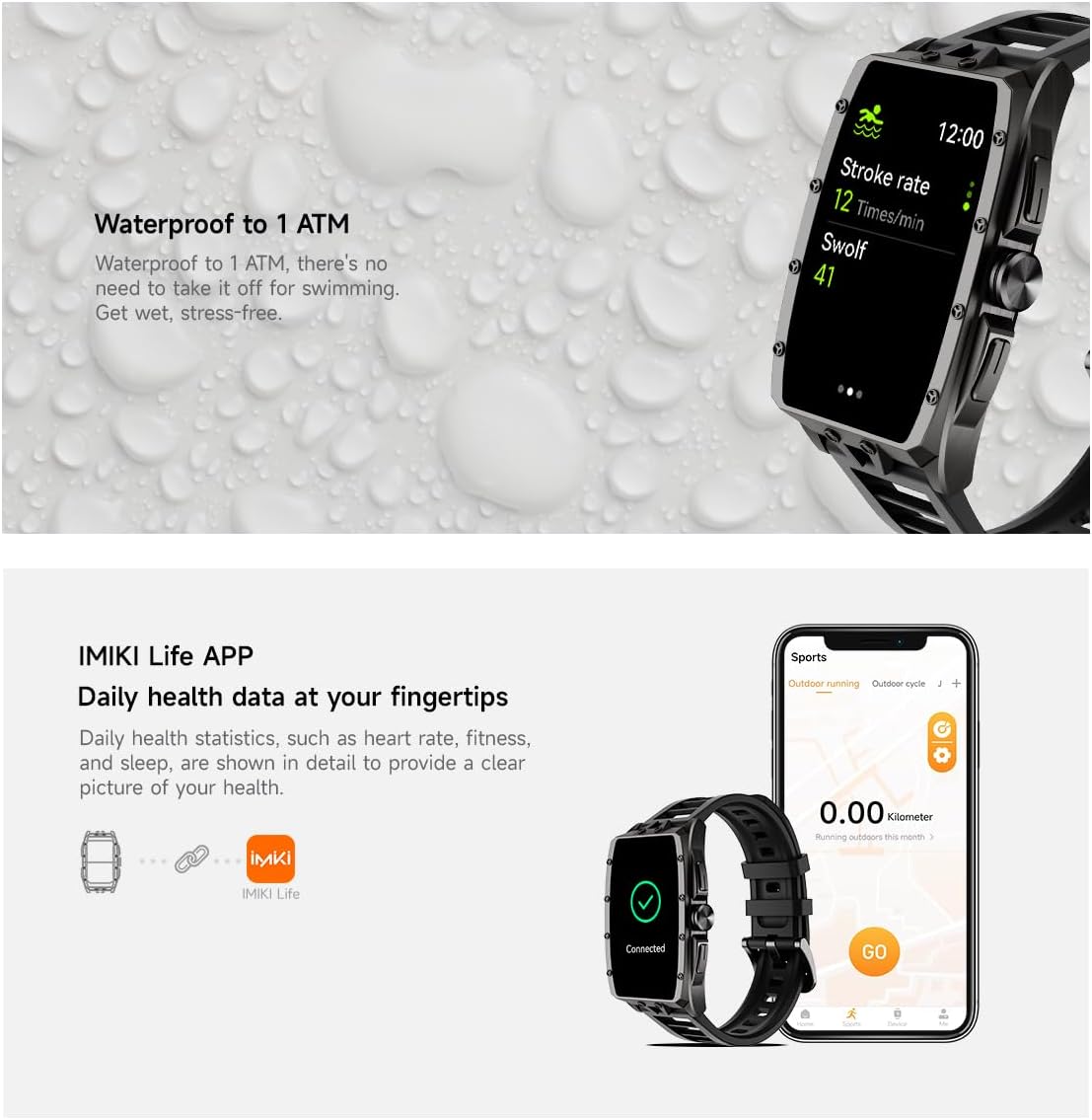 IMIKI MB1 Smart Watch 1.64-inch AMOLED Display Swim-Friendly Water Resistance Heart Rate & Sleep Tracking 100+ Sport Modes Compatible with Smartphones (Black)