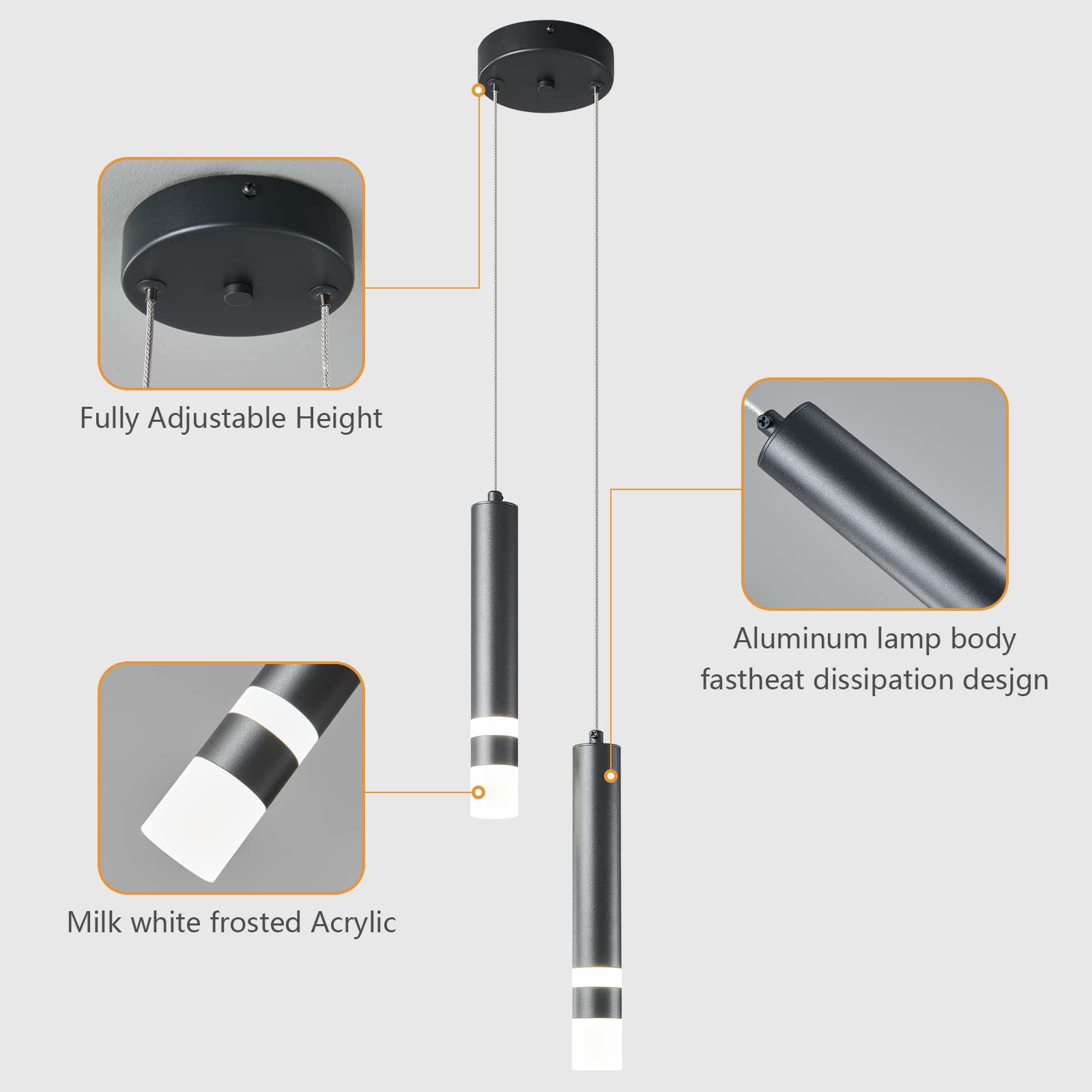 LIANGMH Modern Pendant Light Kitchen Fixture Dimmable LED Black Mini Pendant Lighting fo Kitchen Island Bedroom Bedside Table Small Pendant Lights (2-Light)