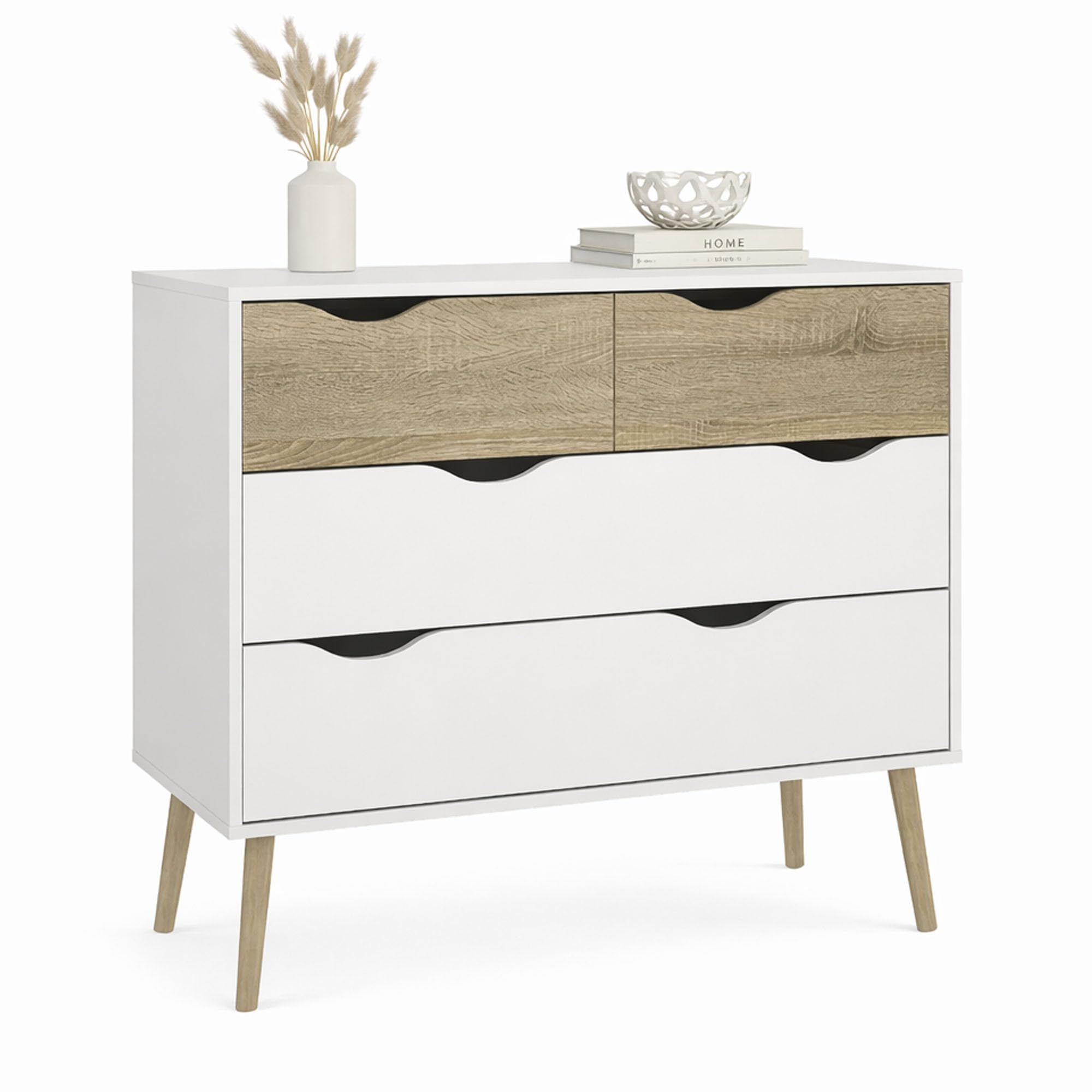 Cómoda, Cajonera para Dormitorio Tajo con 4 Cajones Color Blanco y Roble Patinado 99 x 39 x 82 cm