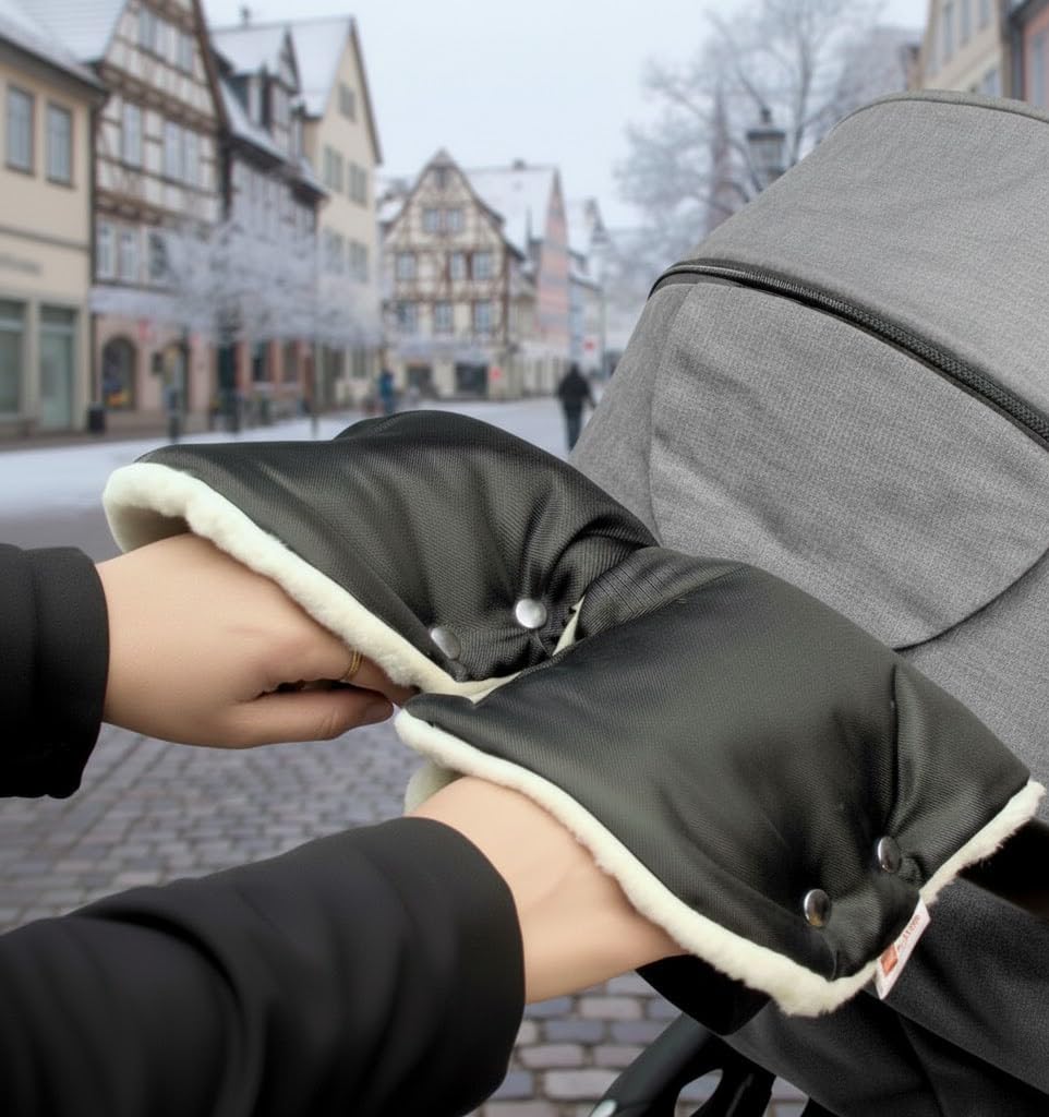 BABYLUX MUFF Handmuff PLÜSCH/WOLLE Handwärmer für Kinderwagen Buggy Handschuh 2 Stück (11. Schwarz + Lammwolle)