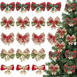 MCPINKY 40PCS Christmas Tree Bows with Bells, Xmas Garland Wreath Bows Ornaments Mini Small Linen Bowknot for Christmas Tree Decor Gift Packaging Decorations