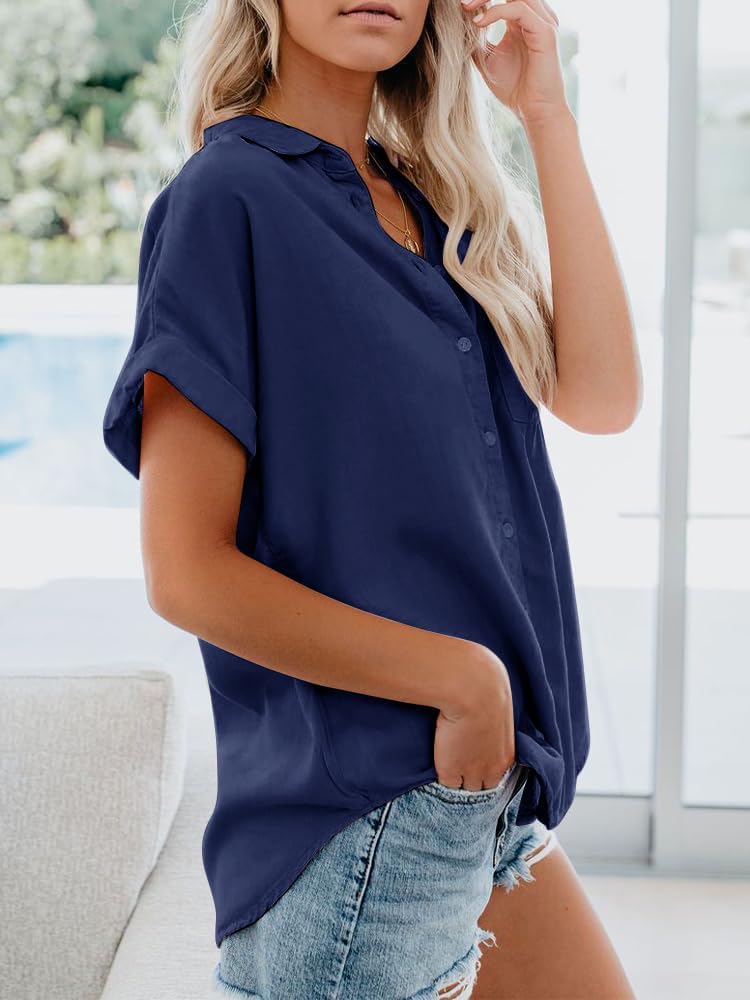 Womens Button Down Casual Shirts Cotton Short Sleeve Blouses Solid Summer Tops with Pocket - Image 3