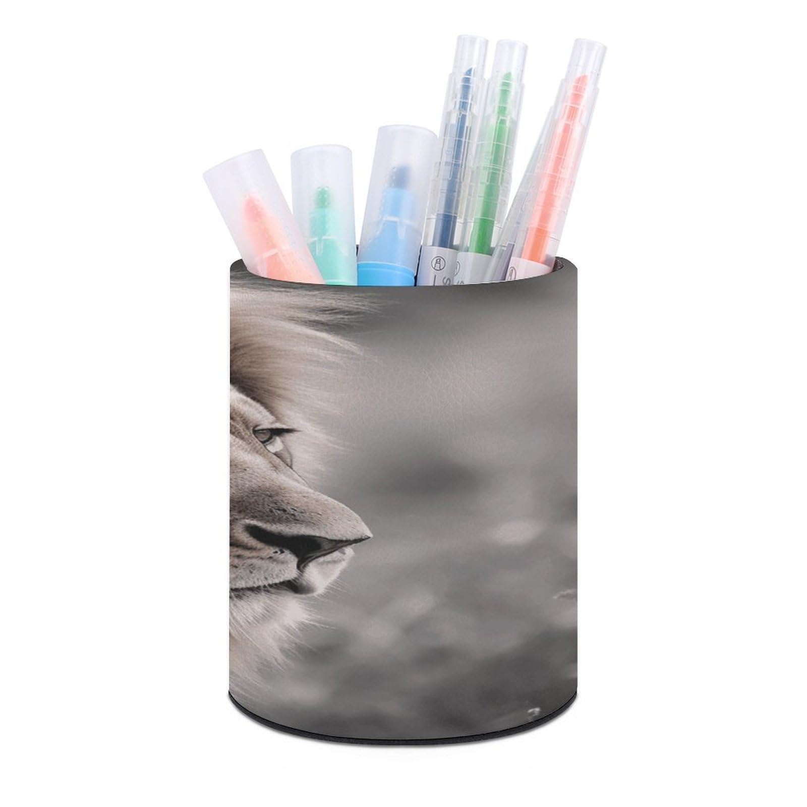 FekiLoot PU Leather Round Pen Holder Wildlife Lion Pencil Holder Desk Organizer Pen Organizer Pen Cup Pencil Cup Caddy Desktop Stationery Organizers for Office Home Supplies